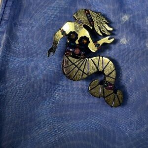 Liz Tech Mermaid Signed Brooch in Silver and Blue 2” Preowned